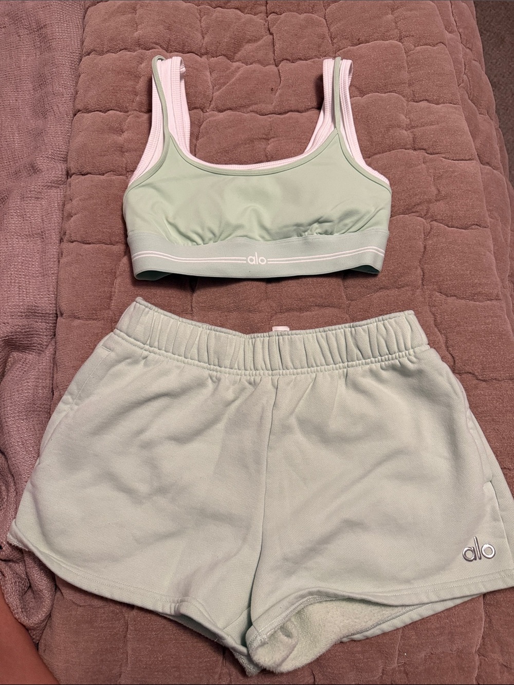ALO Yoga Mint Green Sports Bra and Shorts Set
